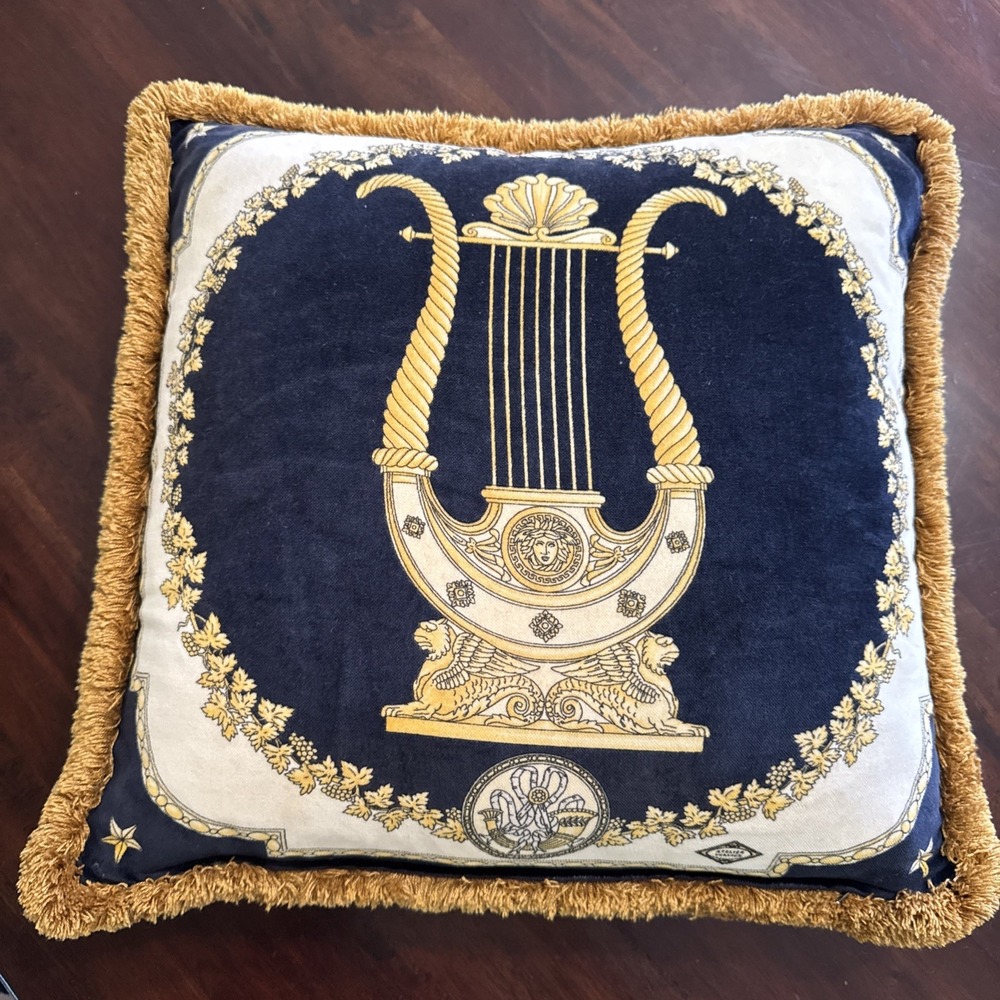 Vintage‎ 90s Gianni Versace Velvety Throw Pillow Fringe Gilded Lyre Motif AS IS